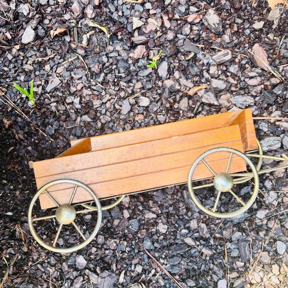Rustic Wooden Wagon Shelf with Metal Wheels